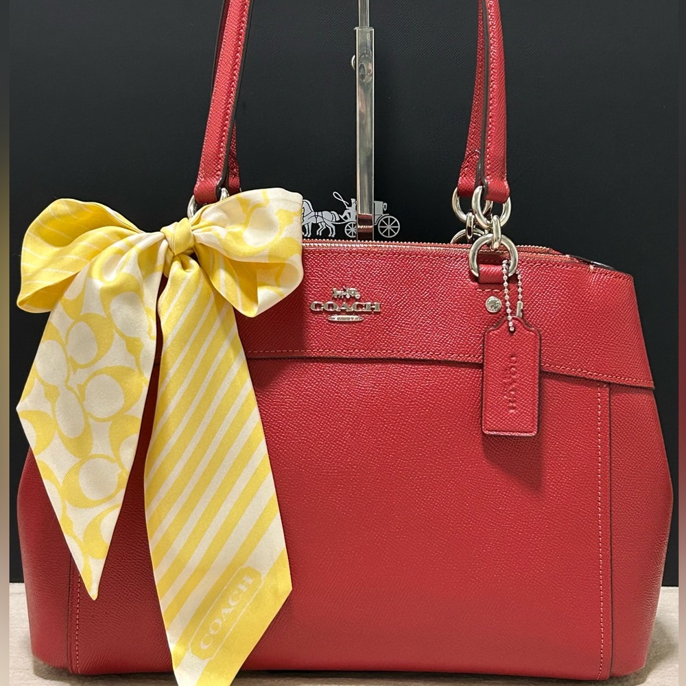 COACH Brooke Crossgrain Leather Carryall Satchel in Dark Red w/Silk Coach Twilly